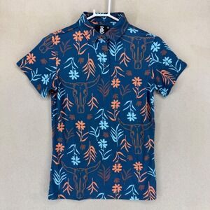 Raised by Coyotes Womens Polo Shirt Short Sleeve Skull Floral Print Blue Size M
